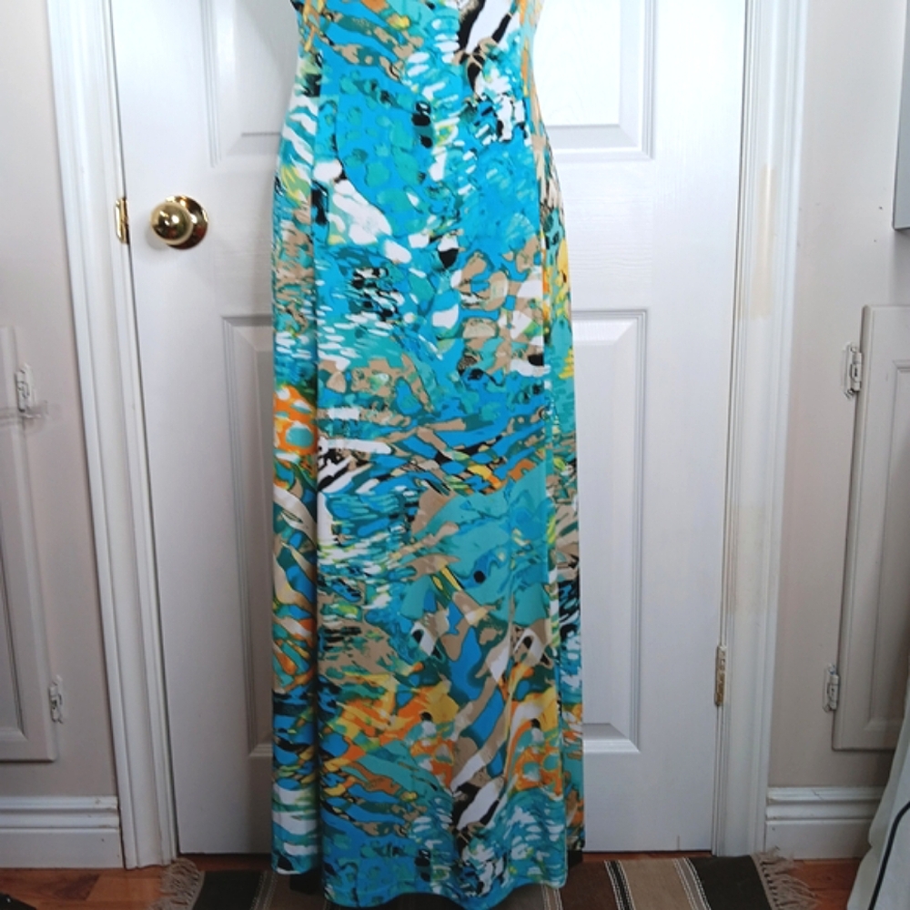 TanJay Sleeveless Ruched Maxi Dress Size 8 Teal Mulyi-Color Summer Party - Picture 8 of 13